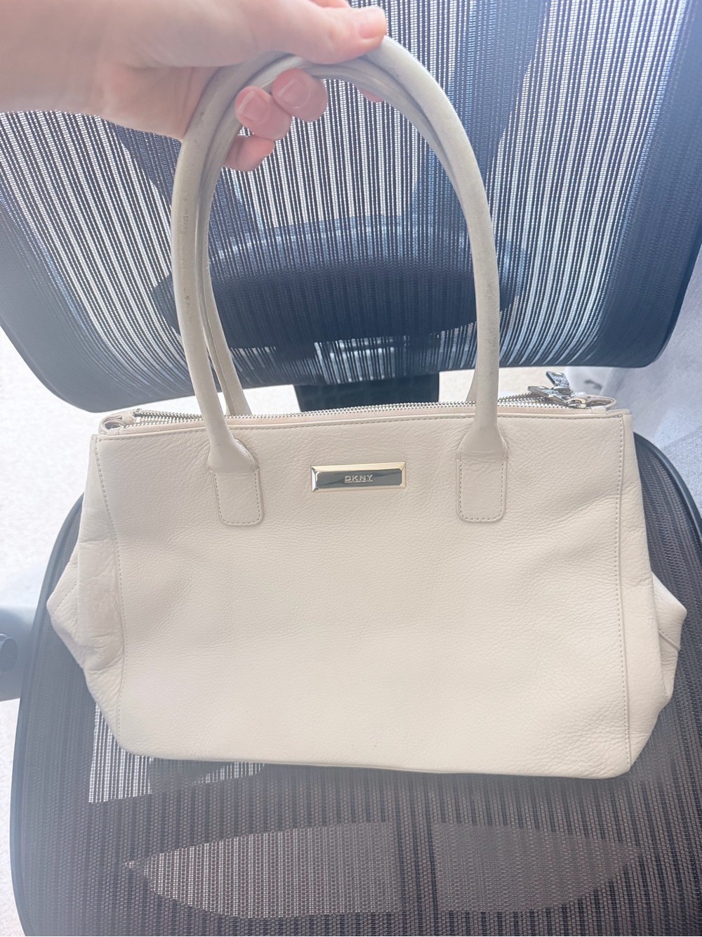 DKNY Cream Leather Shoulder Bag with Gold-Tone Plaque